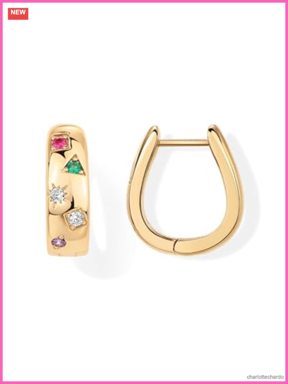 14K Gold Plated Chunky Hoop Earrings with Multicolor CZ for Women